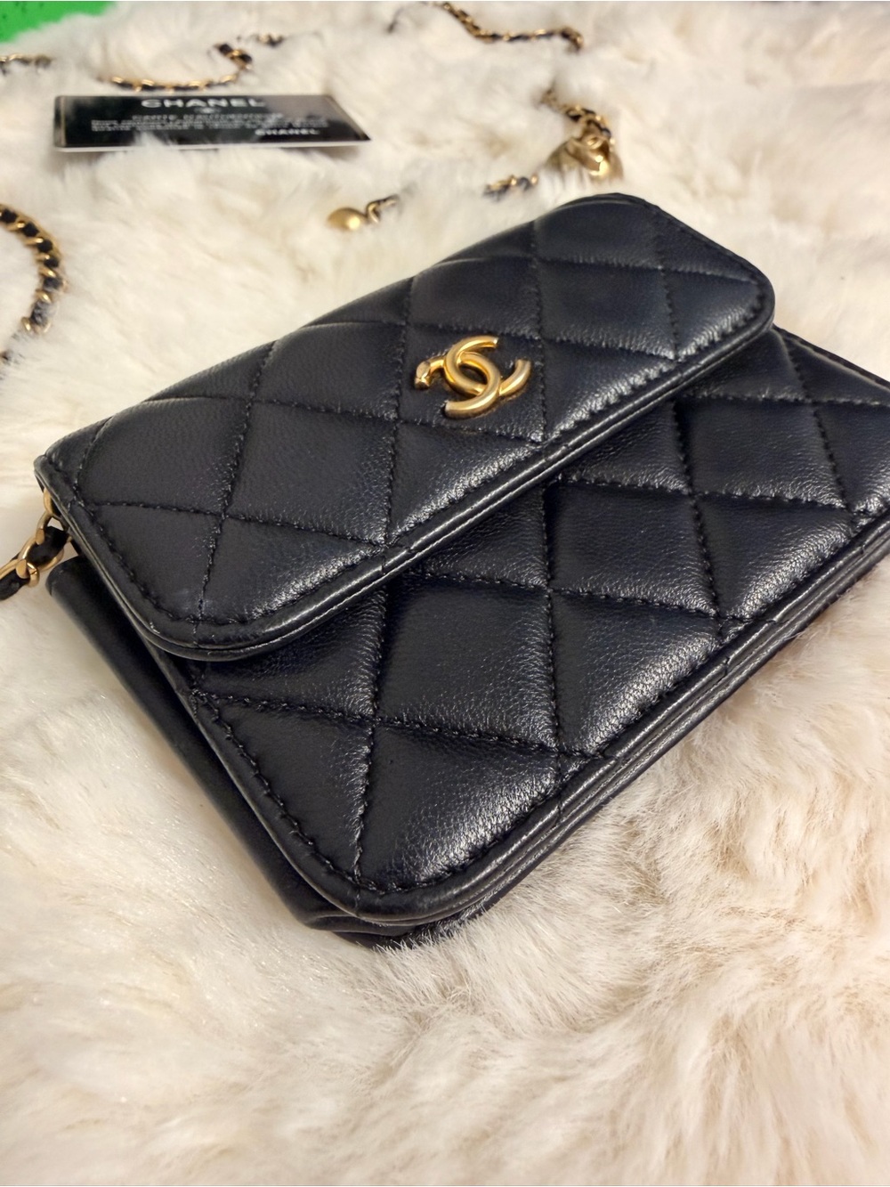 CHANEL Black Quilted Leather Crossbody Wallet with Gold CC